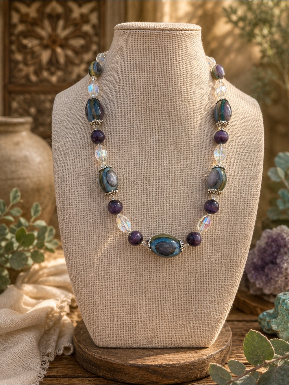 Iridescent Purple & Green Beaded Crystal Necklace